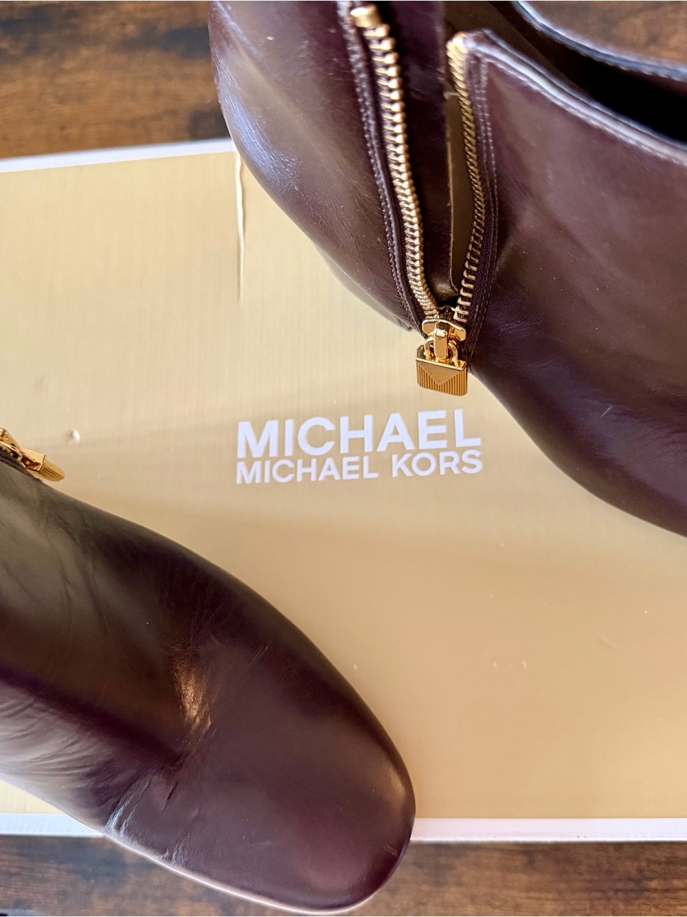 Michael Kors Brown Leather Ankle Booties with Gold Zippers